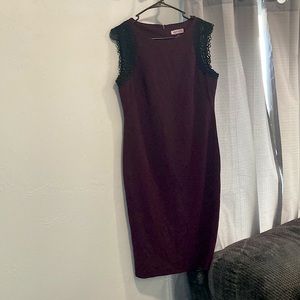 Purple, Calvin Klein dress with black floral lace around sleeve. Size 10